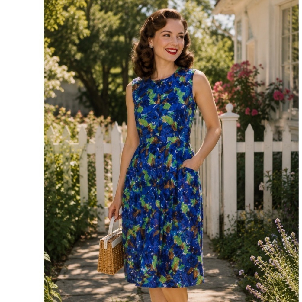 VTG 50's day dress handmade  Painterly‎ Print Blue Green Sleeveless rockabilly